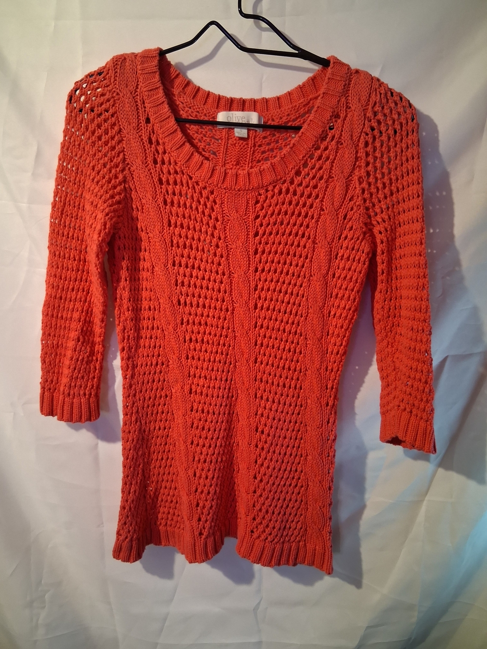 Olive & Oak Open-Knit Scoop Neck Sweater - Coral Orange